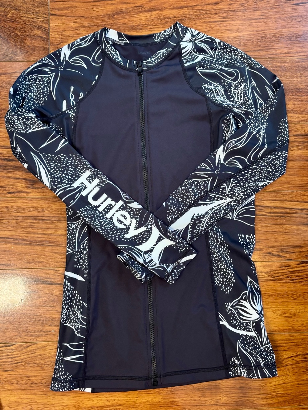 Hurley Navy & White Floral Zip Front Rash Guard Shirt